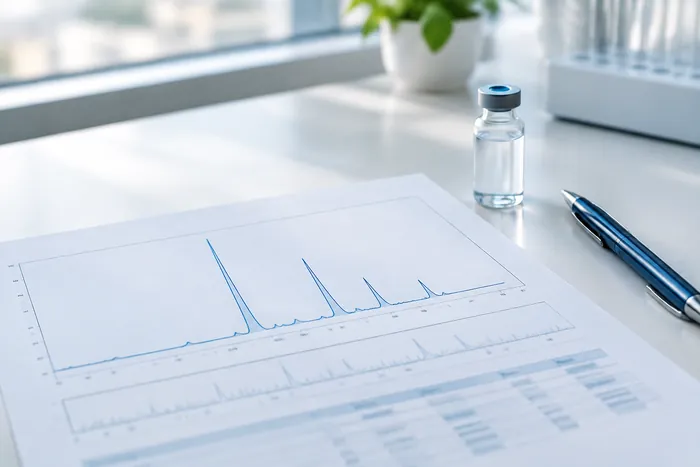 Printed test report with chromatogram next to a vial